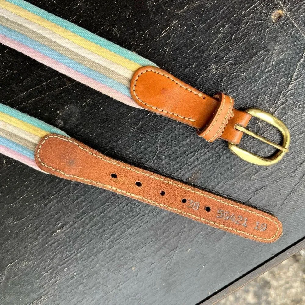Canterbury Pastel Stripe Canvas Belt Leather & Brass Buckle Size 38